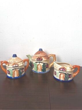 Vintage Ceramic Cottage Teapot, Sugar Bowl and Cream Set Hand Painted Japan